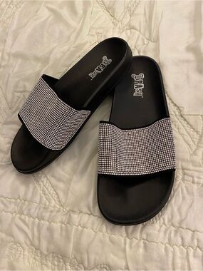 Brash Black Slide Sandals with Silver Rhinestone Strap Size 7